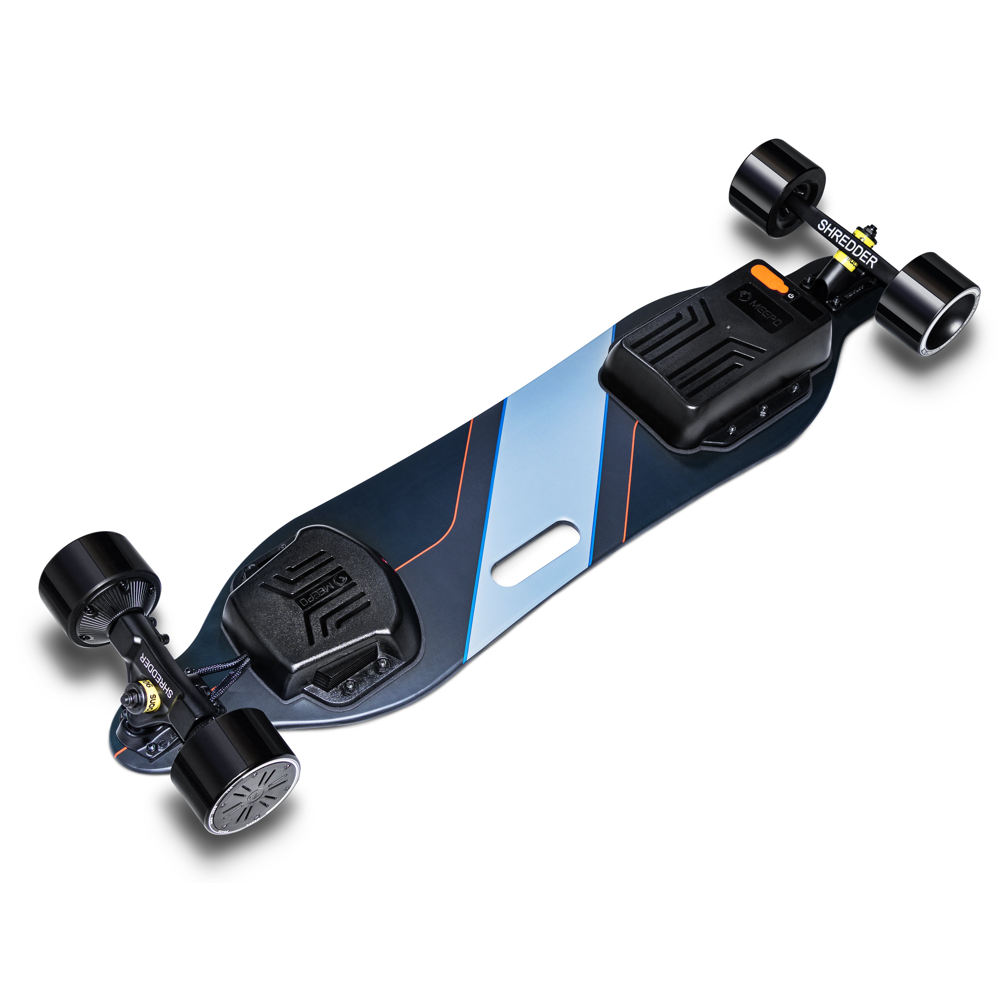 Meepo V3 Flat View Bottom of V3 Electric Skateboard Deck, Showing ESC, Battery Enclosure, Wiring